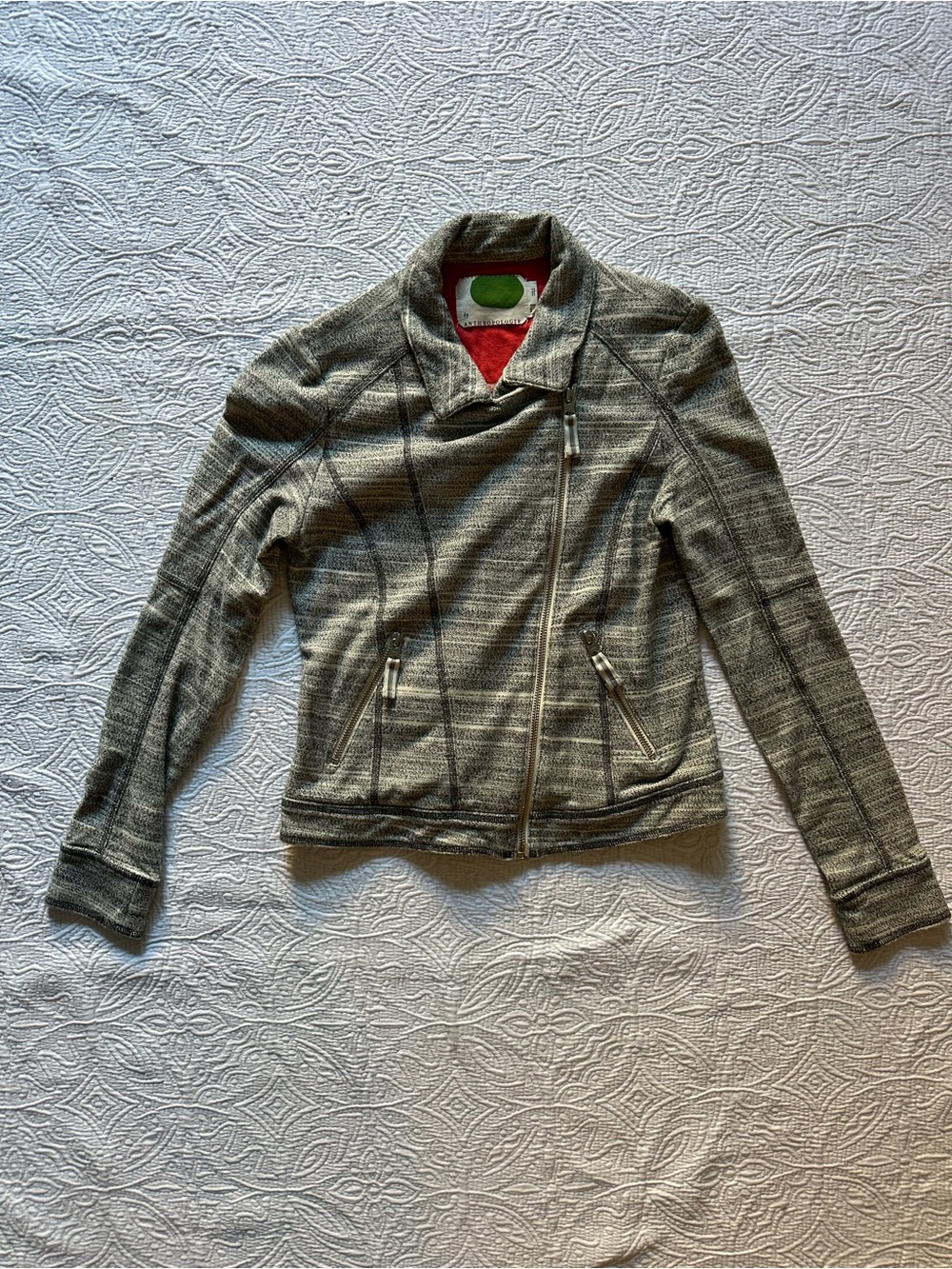 Anthropologie Striped Knit Asymmetrical Zip Jacket in Heather Gray